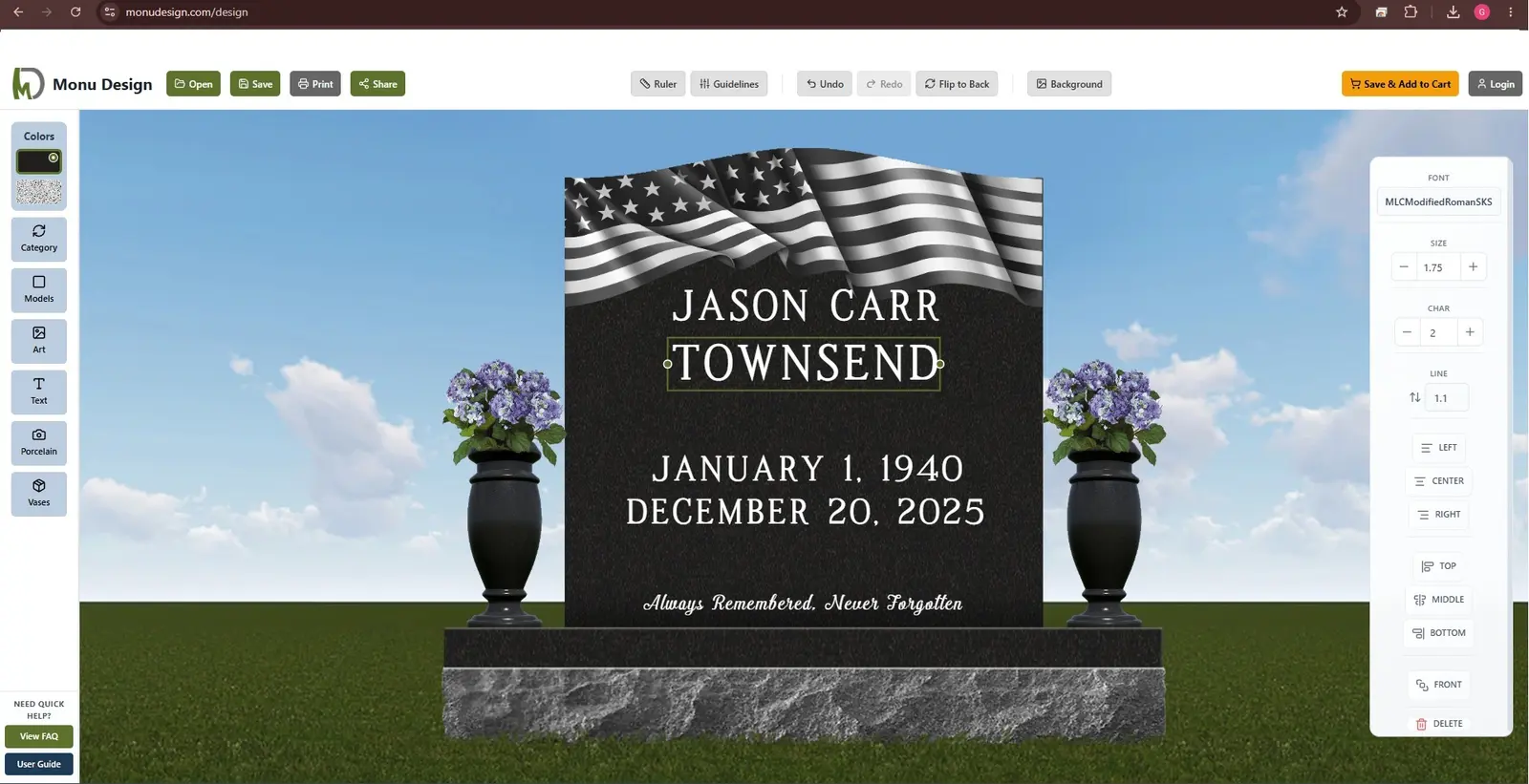 Monu Design online memorial design editor showing a personalized black granite headstone
